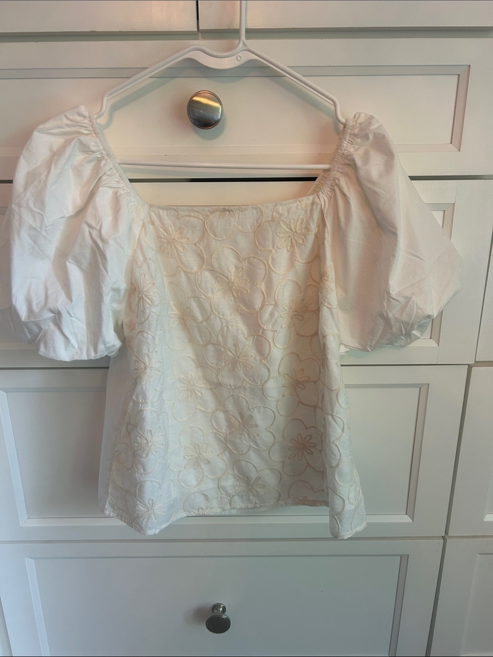 White Embroidered Balloon Sleeve Top